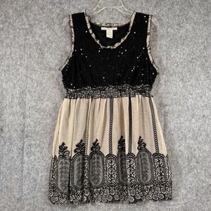 American Rag Dress Sleeveless Black Lace Apron Beige Sequins Sz XL Whimsigoth